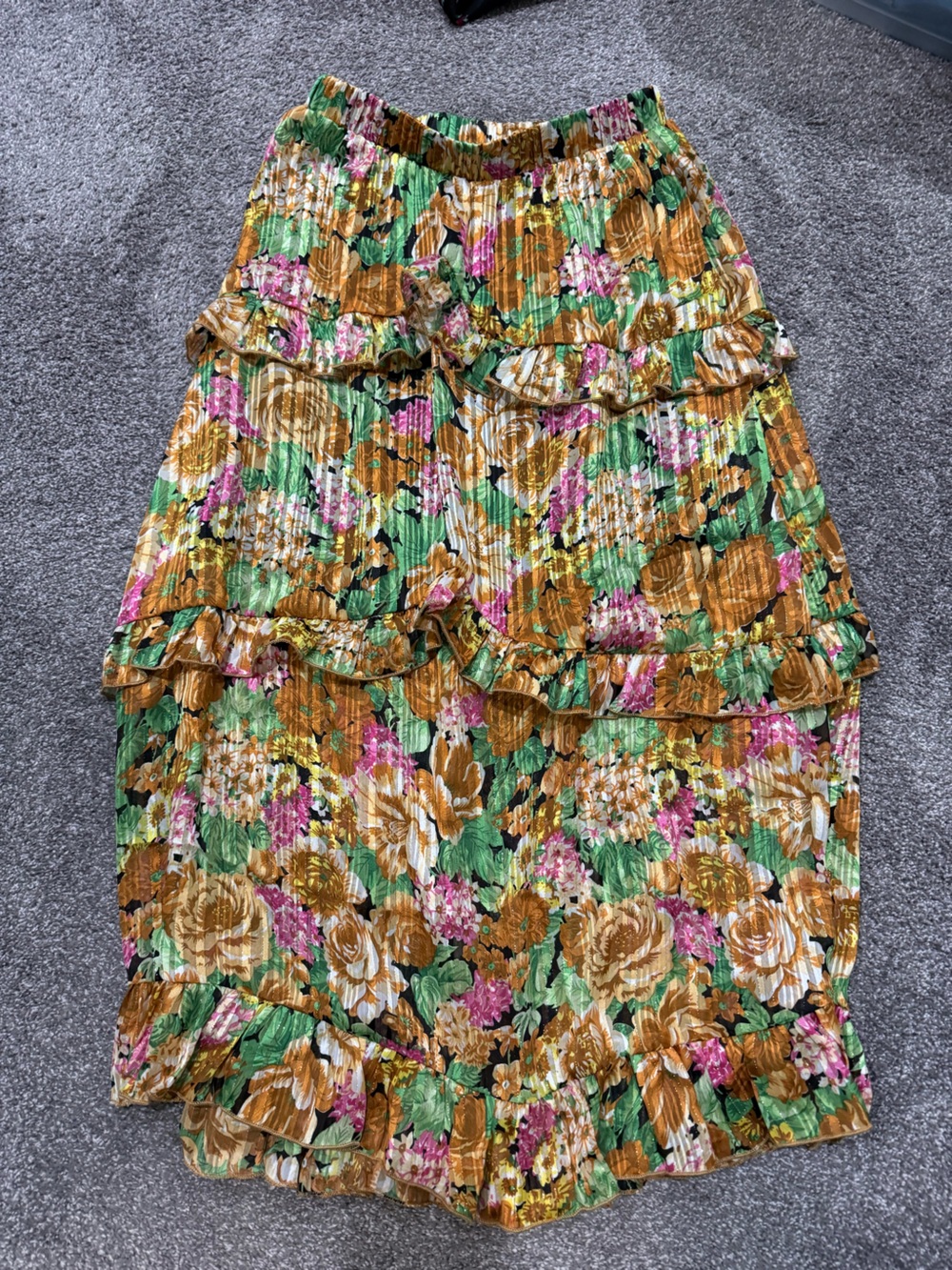 Nasty Gal Floral Ruffle Midi Skirt in Mustard, Green & Pink